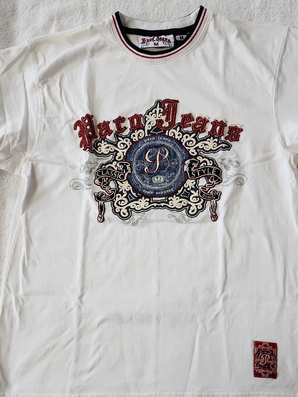 Paco Jeans Men's White Tee with Red Embroidered Patch Size M Preowned